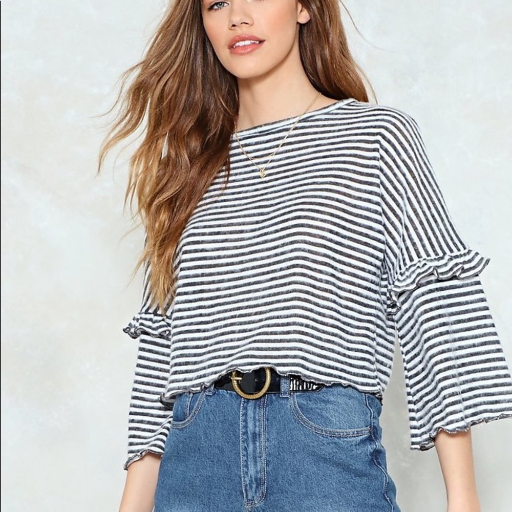 Nasty Gal Striped Ruffled Bell Sleeve Sweater